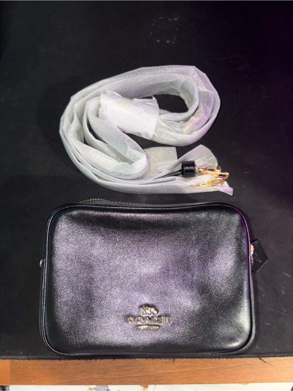 New COACH Mini Carey Crossbody Bag Gold/Black Shiny smooth leather CEA02